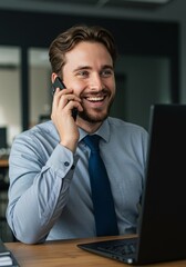 Photo of Smiling Man Talking On Phone Laptop at Office Desk