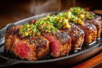 Juicy, sliced steak served on a sizzling platter, topped with fresh herbs and seasoning, with visible steam rising.