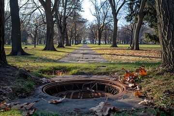 The manhole in the park on a sunny summer day. Selective focus.