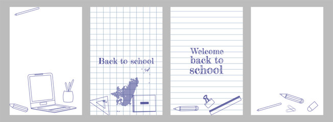 Back to School poster doodle design set. Social Media Template with school textbook book backpack paint. Background banner cover flyer design. Vector illustration.