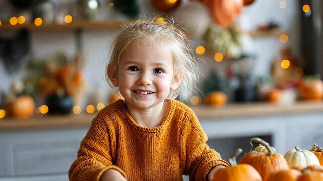 Joyful toddler amidst autumn decor smiling brightly with pumpkins and lights