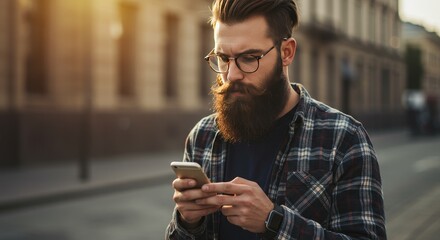 Bearded Man Using Smartphone on City Street Wearing Plaid Shirt