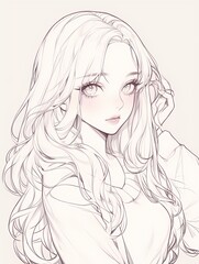 Anime young woman with wavy hair gentle expression gazing at viewer