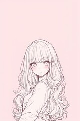 Female character wavy hair blush closed mouth expression sitting on pink background long sleeved shirt