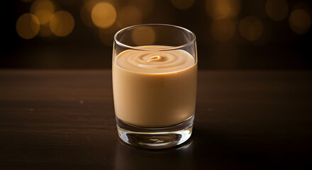 Glass of amarula liqueur on a dark wooden surface with light bokeh background, cozy morning drink