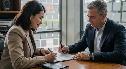 Business People Signing Contract on Table During a Meeting Indoors