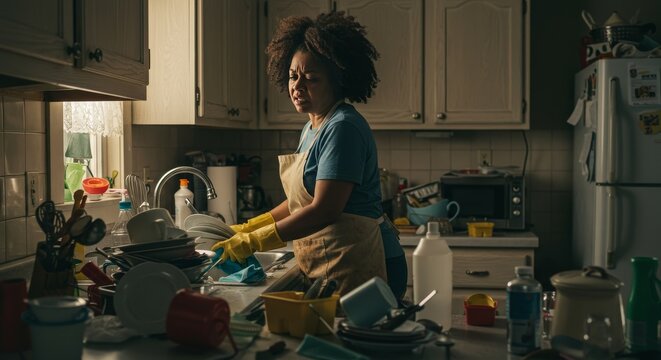 Photo of Woman Washing Dirty Dishes at Sink in the Kitchen with Gloves