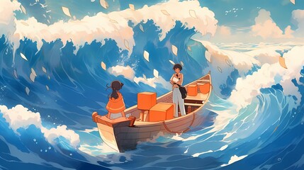 Fototapeta premium A small, orange boat navigates a massive wave, with two people on board, one steering and the other clinging to the railing, amidst a clear blue sky with fluffy white clouds.