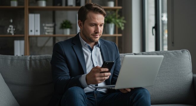 Businessman Using Laptop and Phone Sitting on Sofa in Office