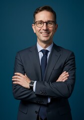 Portrait Businessman in Suit Tie Glasses Arms Crossed Blue Backdrop
