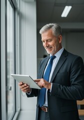 Portrait Businessman Using Tablet Stands by Window in Corporate Suit