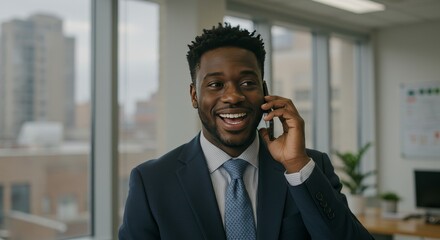 Portrait Cheerful Businessman Talking on Phone in Office with Suit