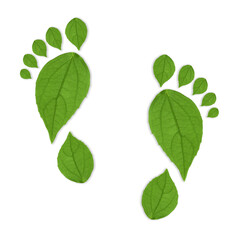 Human footprints made of green leaves on white background, top view. Environmental care, ecology protection, reducing CO2 emission