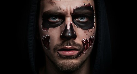 Portrait Man With Halloween Makeup Hood Costume and Dark Eyes