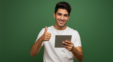 Portrait Man With Tablet Giving Thumbs Up On Green Background