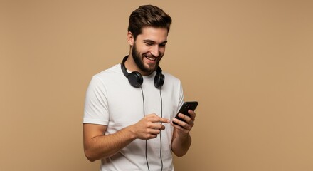 Portrait of a Smiling Man with Phone Wearing Headphones Casual Outfit