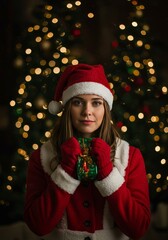 Portrait Of A Woman In Santa Hat With Christmas Tree And Gift