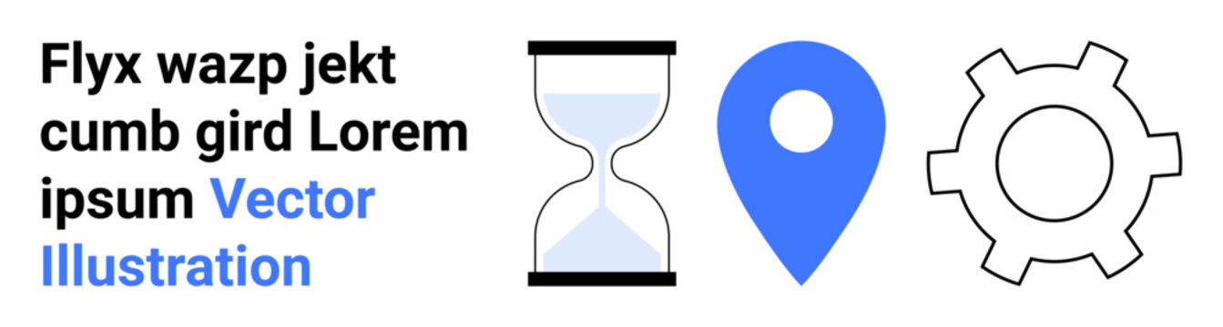 Hourglass, map pin, and gear emphasizing time management, location tracking, and workflow efficiency. Ideal for navigation, productivity, scheduling, process visualization planning strategy