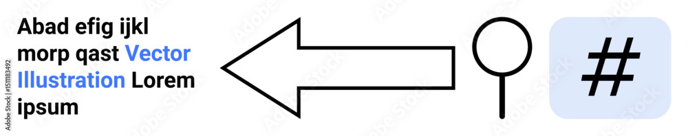 Aufkleber left-pointing arrow flanked by a magnifying glass and metadata tag in a minimal layout. ideal for di