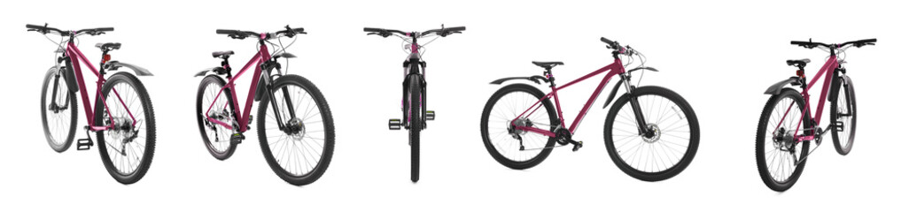 Color bicycle on white background, collage. View from different sides