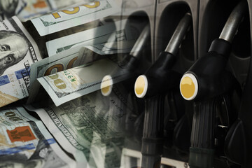 Fuel price. Gas filling station and dollar banknotes, double exposure