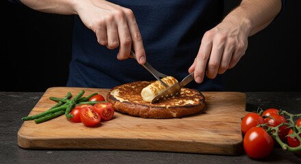 Close-up Food Photo Cutting Cheese on Wooden Board with Green and Red
