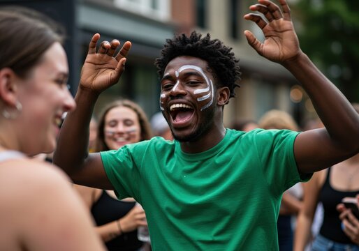 A happy, young man with painted face raises his arms in celebration among friends.