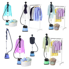 Modern upright steamers and clothes isolated on white, set