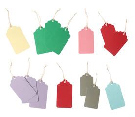 Many blank tags on white background, collage. Mockup for design