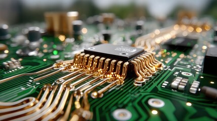 Detailed circuit board macro golden connectors and cpu