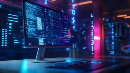 Futuristic workspace showing code on a monitor, technology and development concept - Powered by Adobe