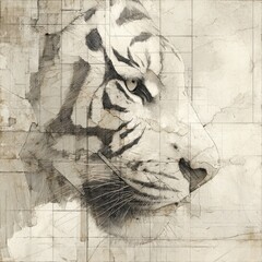 A tiger's face is drawn in a grid pattern