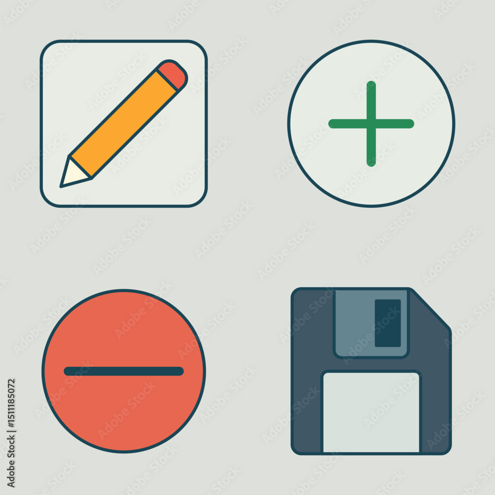 Aufkleber modern interface buttons: pencil, plus, minus, and floppy disk icons for web and app design