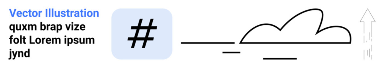 Cloud outline, metadata tag symbol, and upward arrow emphasizing concepts of connectivity, communication, and innovation. Ideal for growth, cloud technology, data sharing, networking and simple