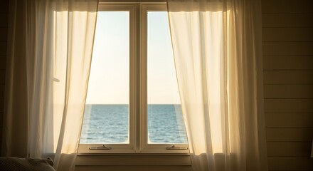 Window View of Ocean Serenity with Sheer Curtains Peaceful Interior Scenery Relaxing Seascape Coastal Home Decor Bright Natural Light Calm Atmosphere Indoor Still Life