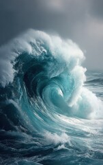 A large wave is crashing into the shore, creating a powerful and dynamic scene