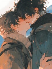 Two young men kiss, cozy sweater, stylish jacket, serene blue sky, anime style illustration.