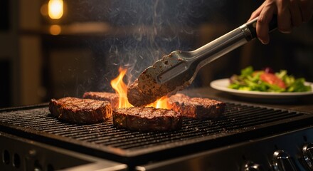 Delicious grilled steaks cooking on a hot bbq grill red eat meat food fire meal chef iron flame juicy