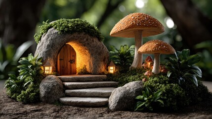 Fairy home in mossy rock garden