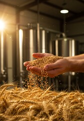 Close Up of Hands Holding Wheat Grain in Brewery Industry at Sunset