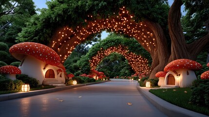 Fairy tale mushroom houses roadway