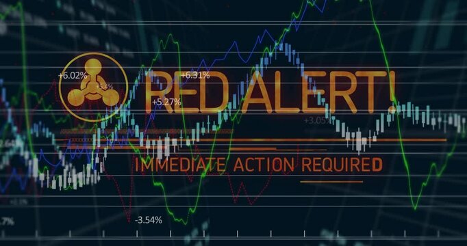 Trading dashboard initiating alert, icon appearing, lines climbing, banner flashing urgent prompts