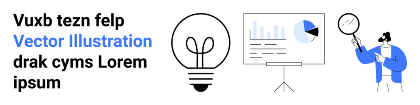 Lightbulb highlights ideas, chartboard displays graphs, and analyst with magnifying glass examines data. Ideal for creativity, innovation, data analysis, problem-solving, research, education simple