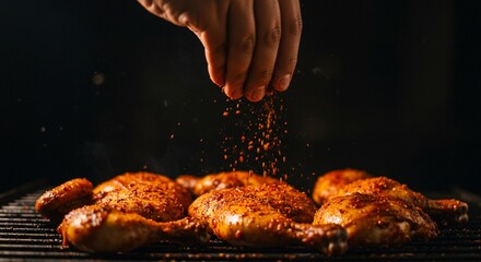 Delicious spicy grilled chicken legs seasoning preparation cooking food bbq hot red eat meat hand