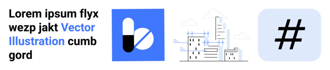Text composition with bold focus, pill icon symbolizing healthcare, urban buildings illustrating city planning, and a metadata tag representing social media trends. Ideal for healthcare topics, urban