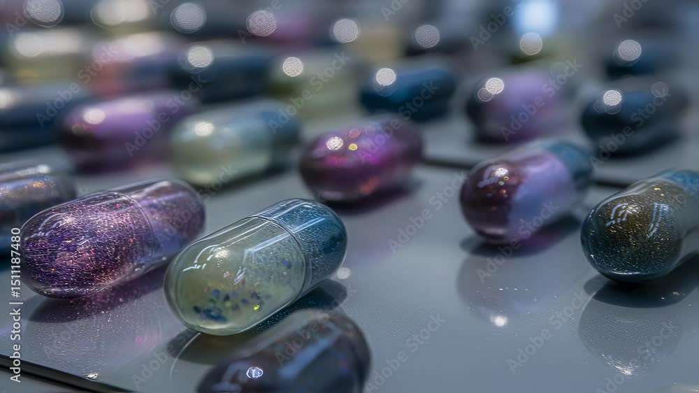 Poster translucent capsules with iridescent, color shifting biopigments lie neatly arranged on a reflective