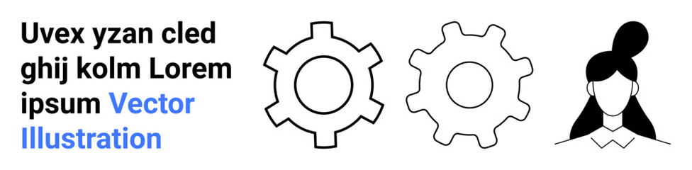Two gear icons beside a female avatar suggesting teamwork, process efficiency, and innovation. Ideal for technology, engineering, education, business, human resources, creativity simple landing page