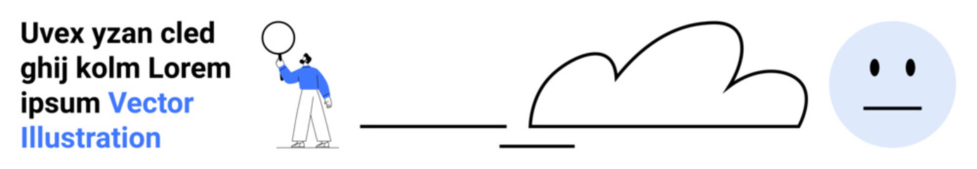 Stick figure with magnifying glass, cloud line art, and neutral face icon. Ideal for concepts thumbs up search, exploration, innovation, analysis, technology, decision and simple landing page