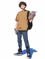 Young man anime illustration, brown hair, smiling, holding backpack and book, yellow t-shirt, blue jeans.