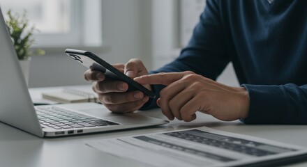 Close Up of Man Using Phone and Laptop for Work at Office Desk